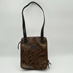 Relic Fossil Organizer Purse Brown Embossed Leather Shoulder Bag Paisley